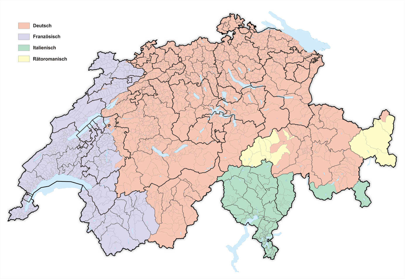 Mapa lingüístico de Suiza con las 4 regiones de lenguas oficiales: alemán, francés, italiano y romanche