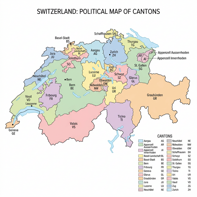 Mapa político de Suiza con los 26 cantones y los tres niveles de gobierno