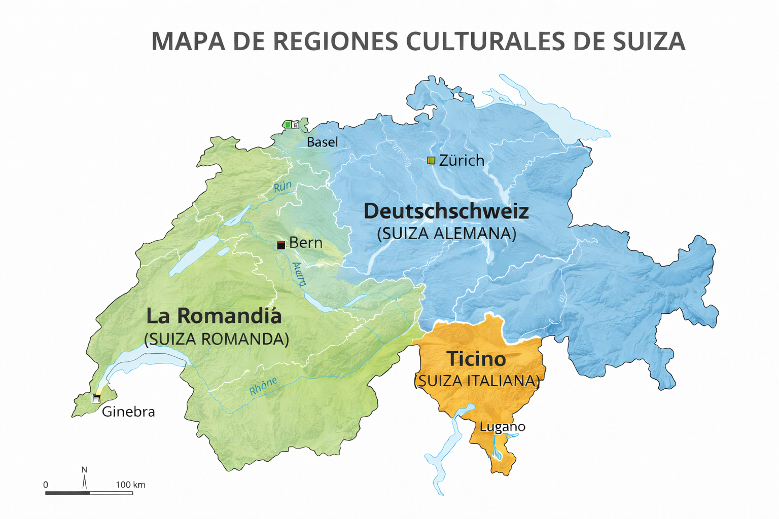 Mapa de regiones culturales y lingüísticas de Suiza con marcados Deutschschweiz, Romandie y Ticino